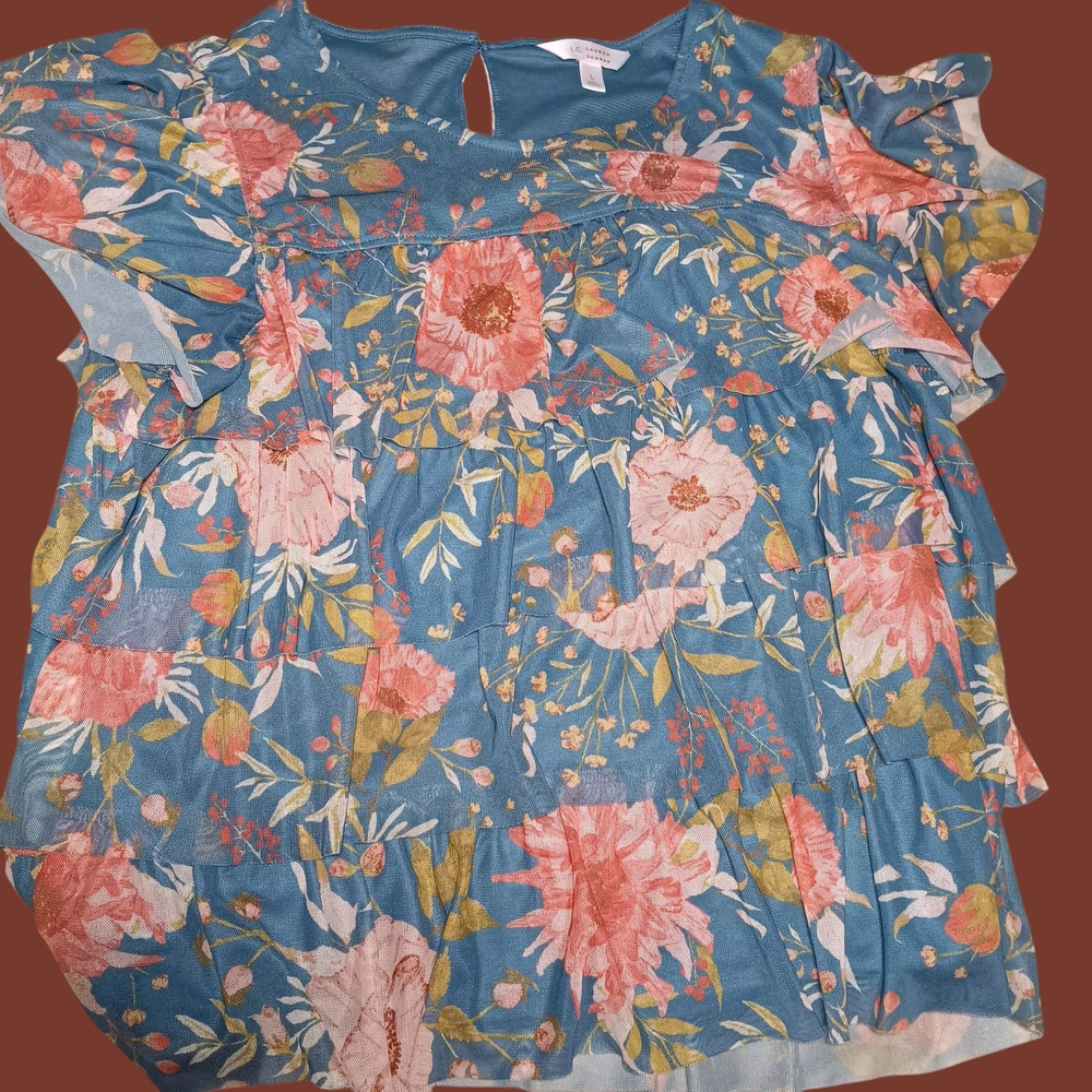 LC Lauren Conrad Women's Blue Floral Blouse.Size L